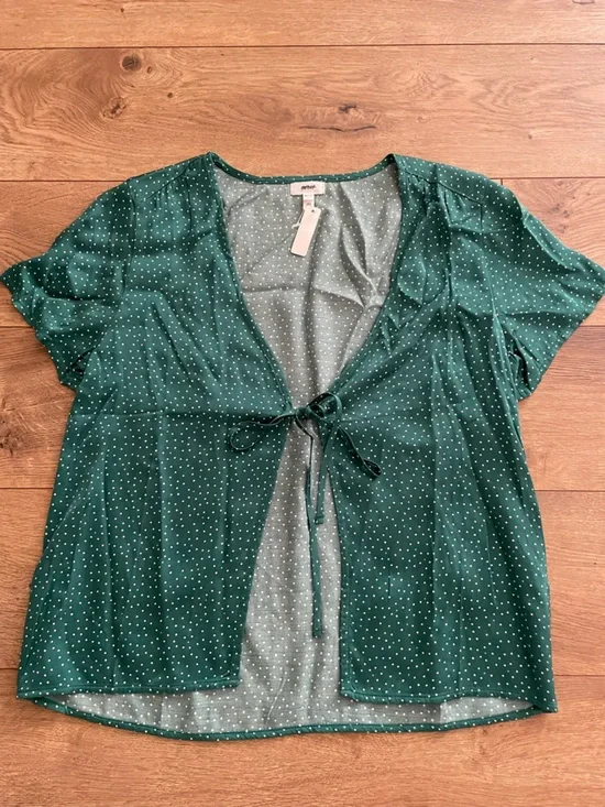 Aerie Off-Duty Satin Emerald Green Polka Dot Tie-Front Blouse size XS - Picture 7 of 13